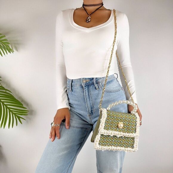 Vintage Y2K Green Preppy Pearl Tweed Small Girly Handbag Crossbody Purse - Picture 1 of 6